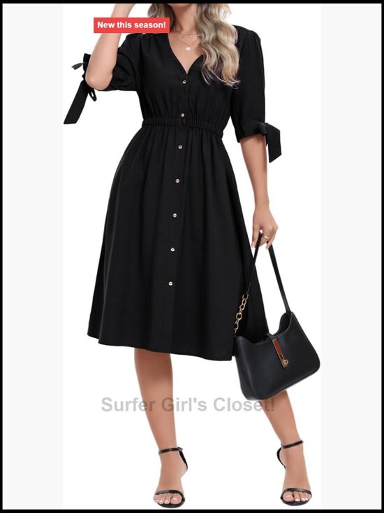 Dresses & Skirts - Women's Puff Sleeve V-Neck Button Tie Midi Dress Rayon Blend A-Line